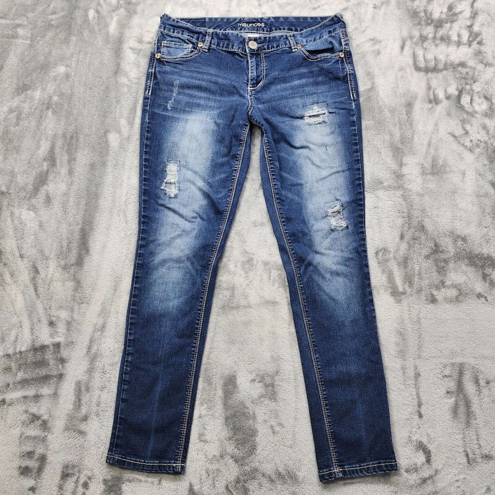 Maurices Jeans Womens L Blue Distressed Ripped Patch Stacked Low Rise Skinny Leg